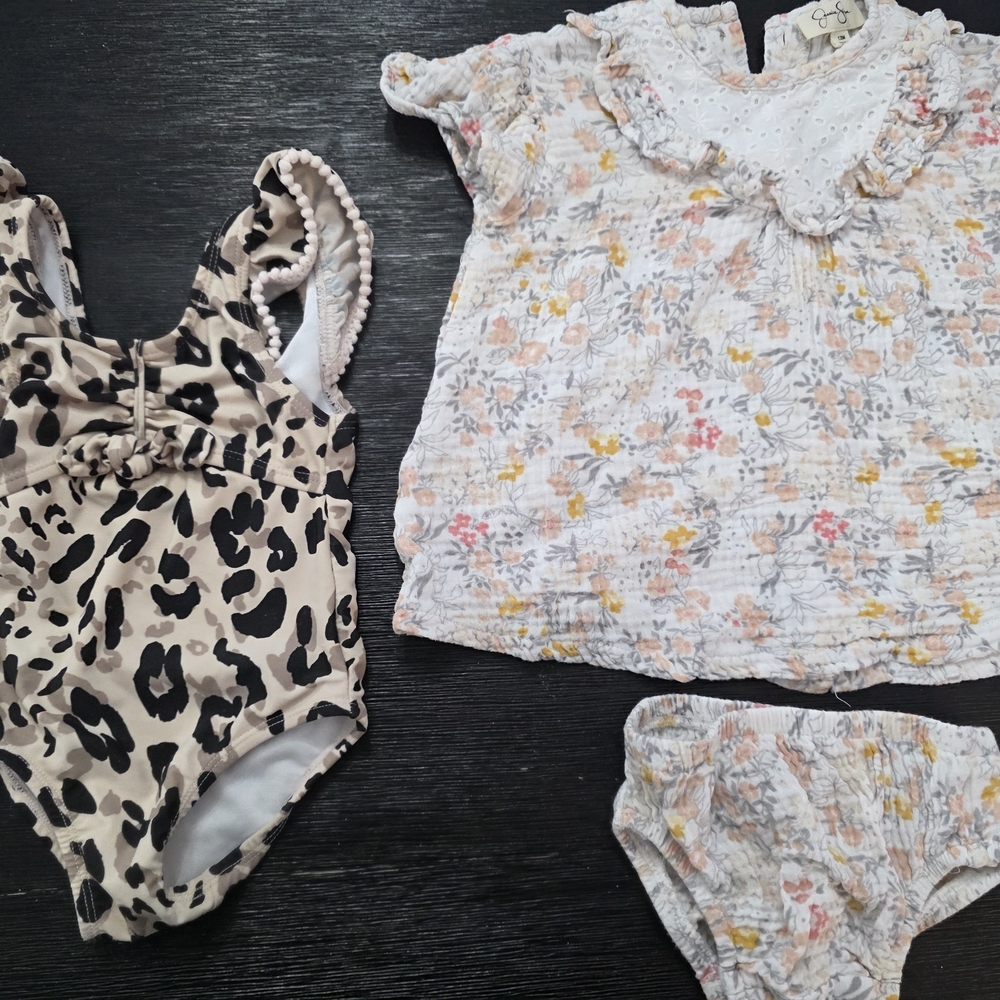 Jessica Simpson Beige Leopard Swimsuit and Floral Top Set - 12 Months